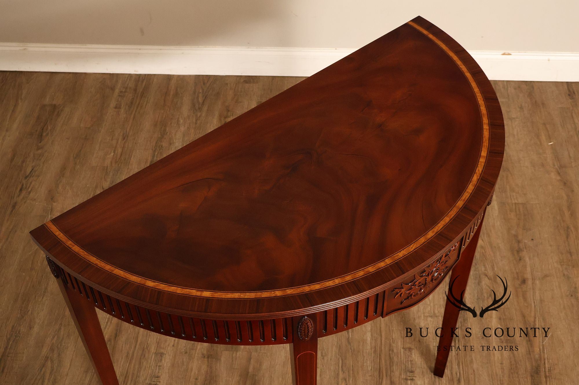 Custom Mahogany Inlaid Demilune Console Table