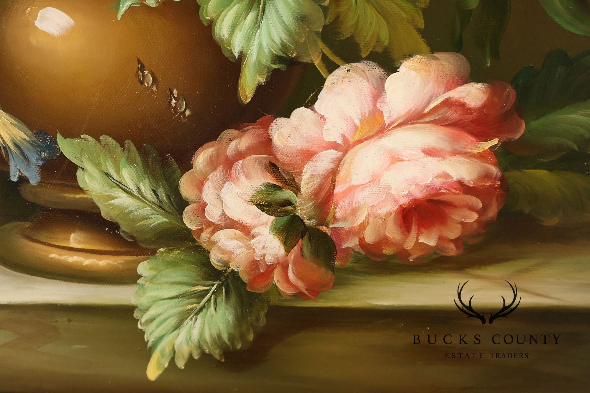 Oil Painting Botanical Still Life in Carved Wood Gold Leaf Frame Signed Heather