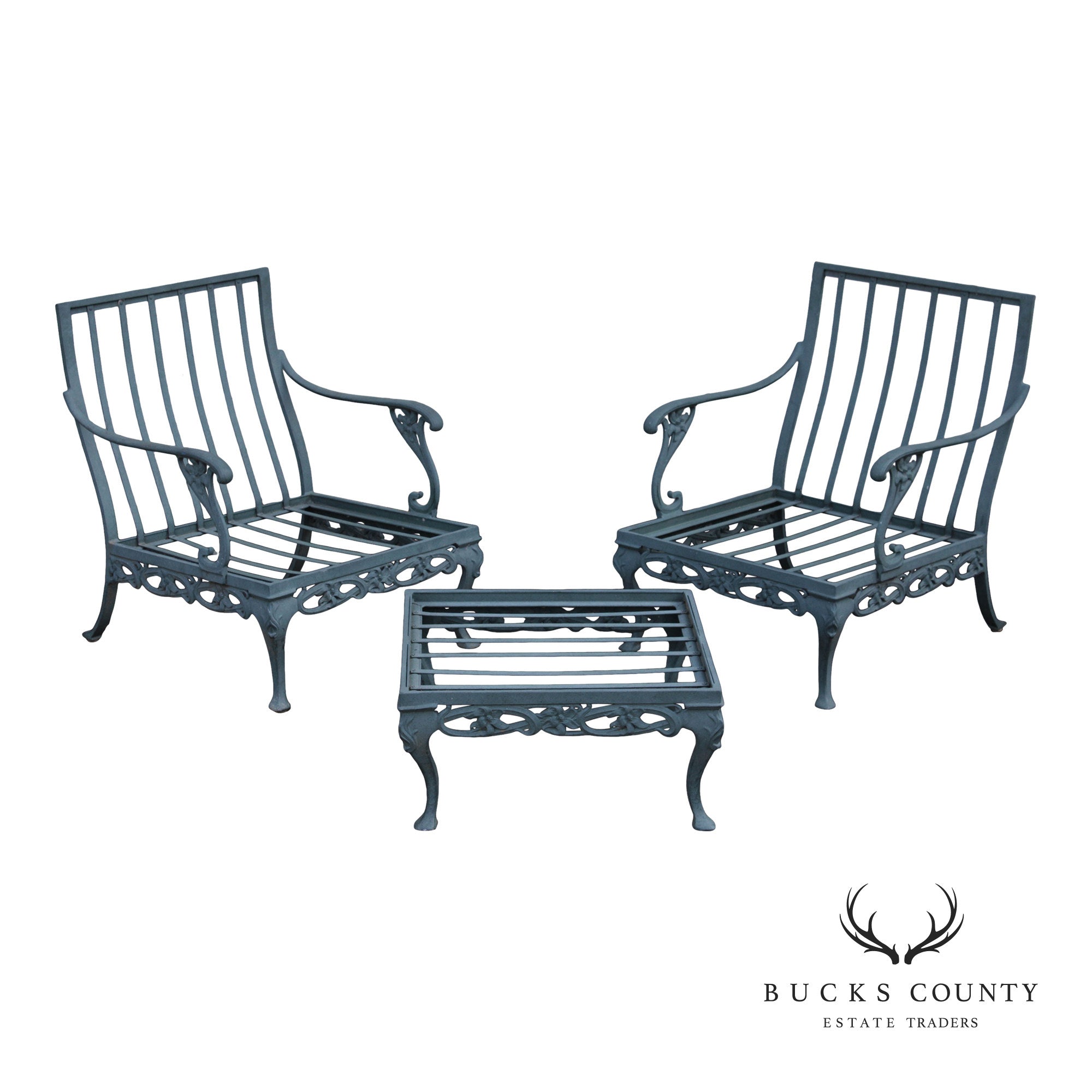 BROWN JORDAN PAIR OF CAST ALUMINUM 'DAY LILY' OUTDOOR PATIO LOUNGE CHAIRS WITH OTTOMAN