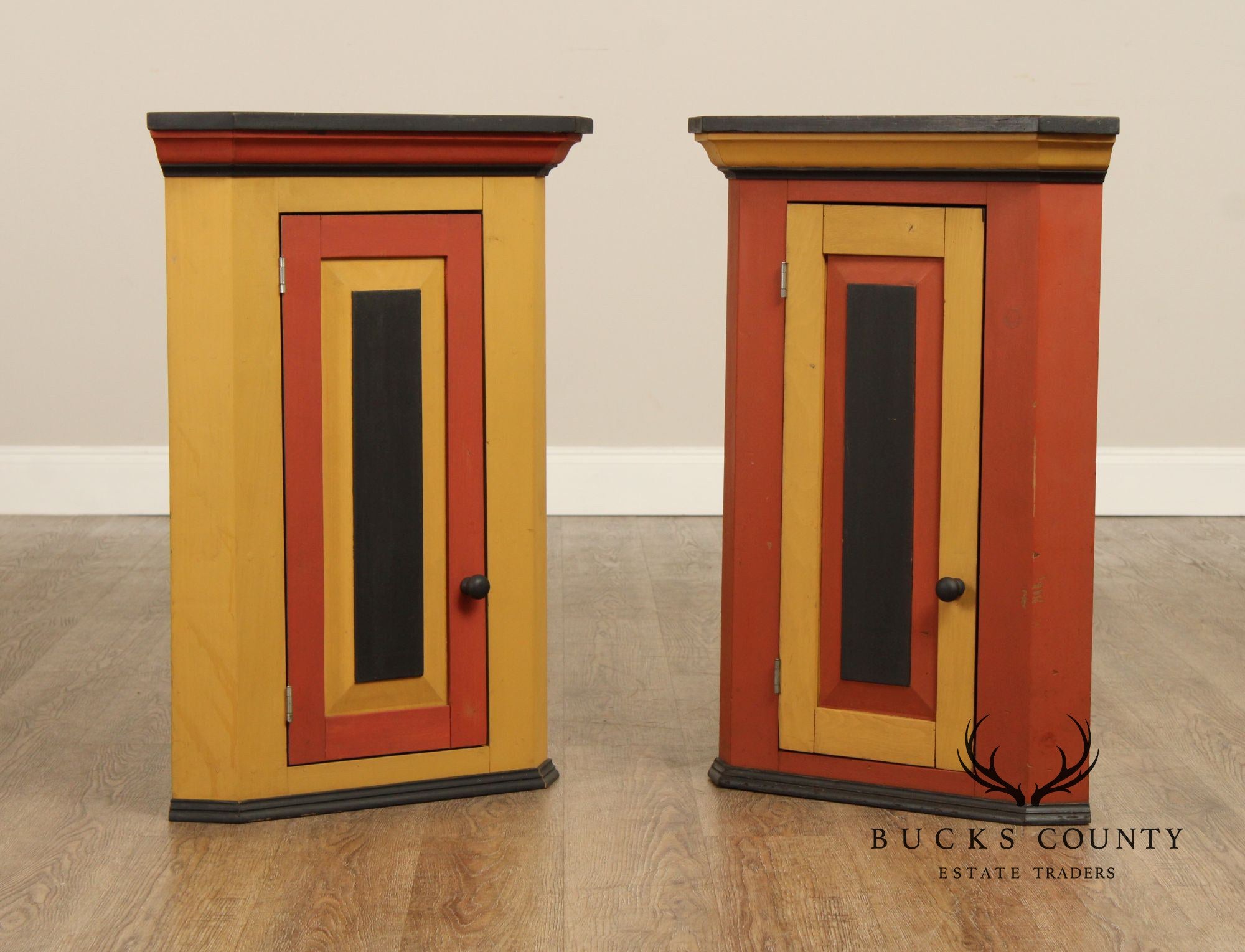 Pair Of Handcrafted Folk Art Painted Pine Corner Cabinets