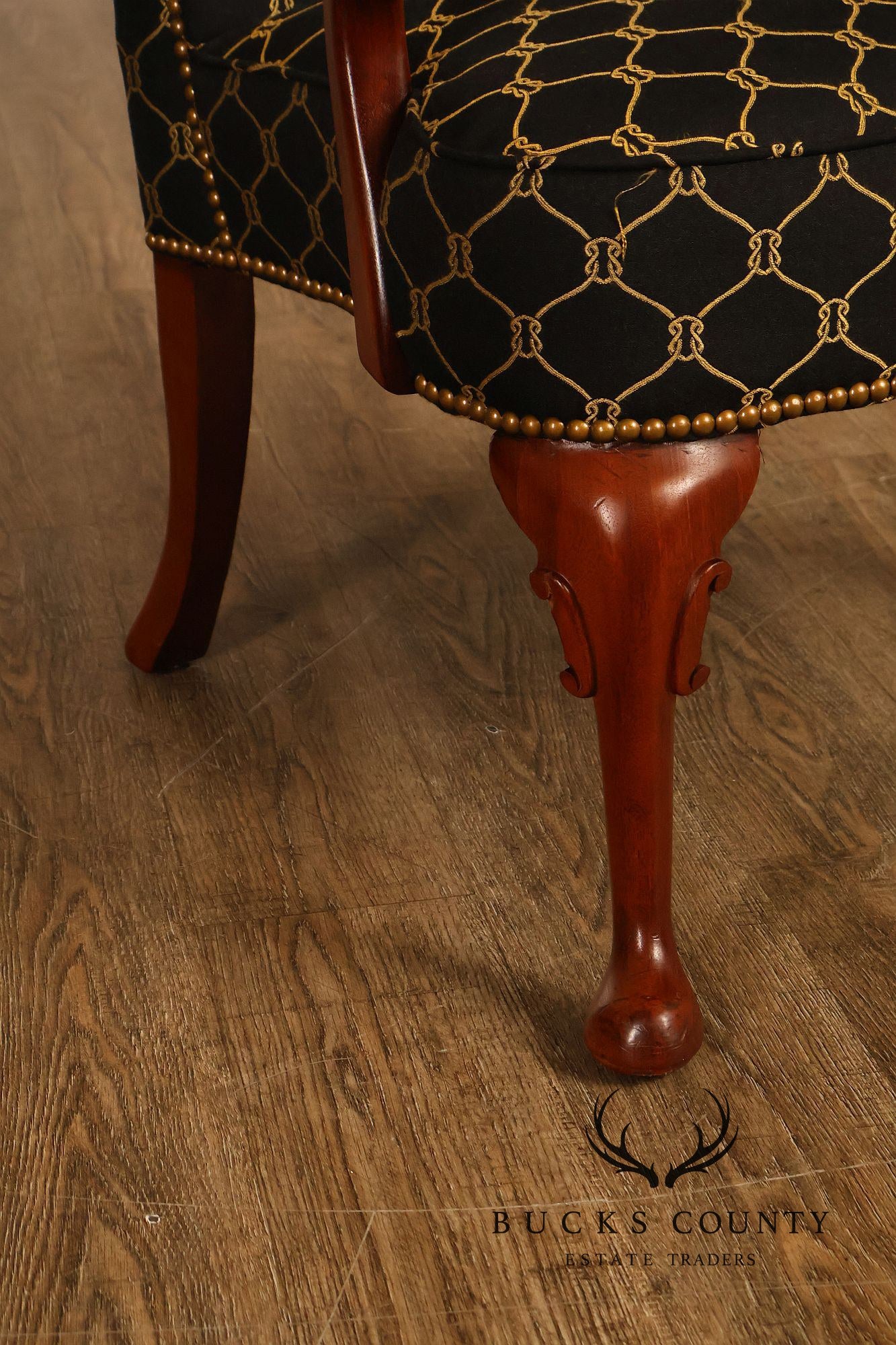 Queen Anne Style Pair Of Tall Back Upholstered Armchairs