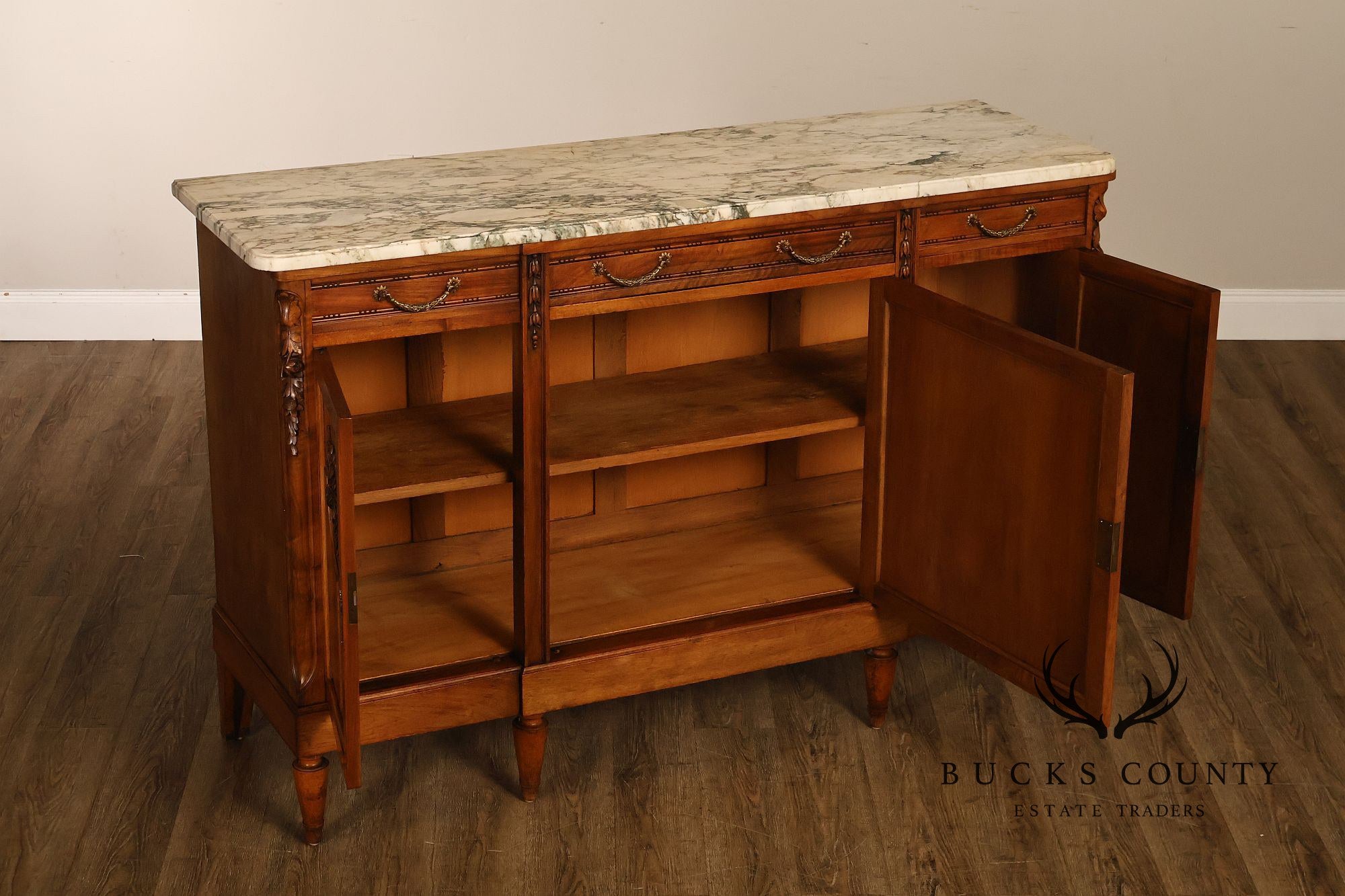 Antique French Louis XVI Style Carved Walnut Marble Top Buffet Sideboard