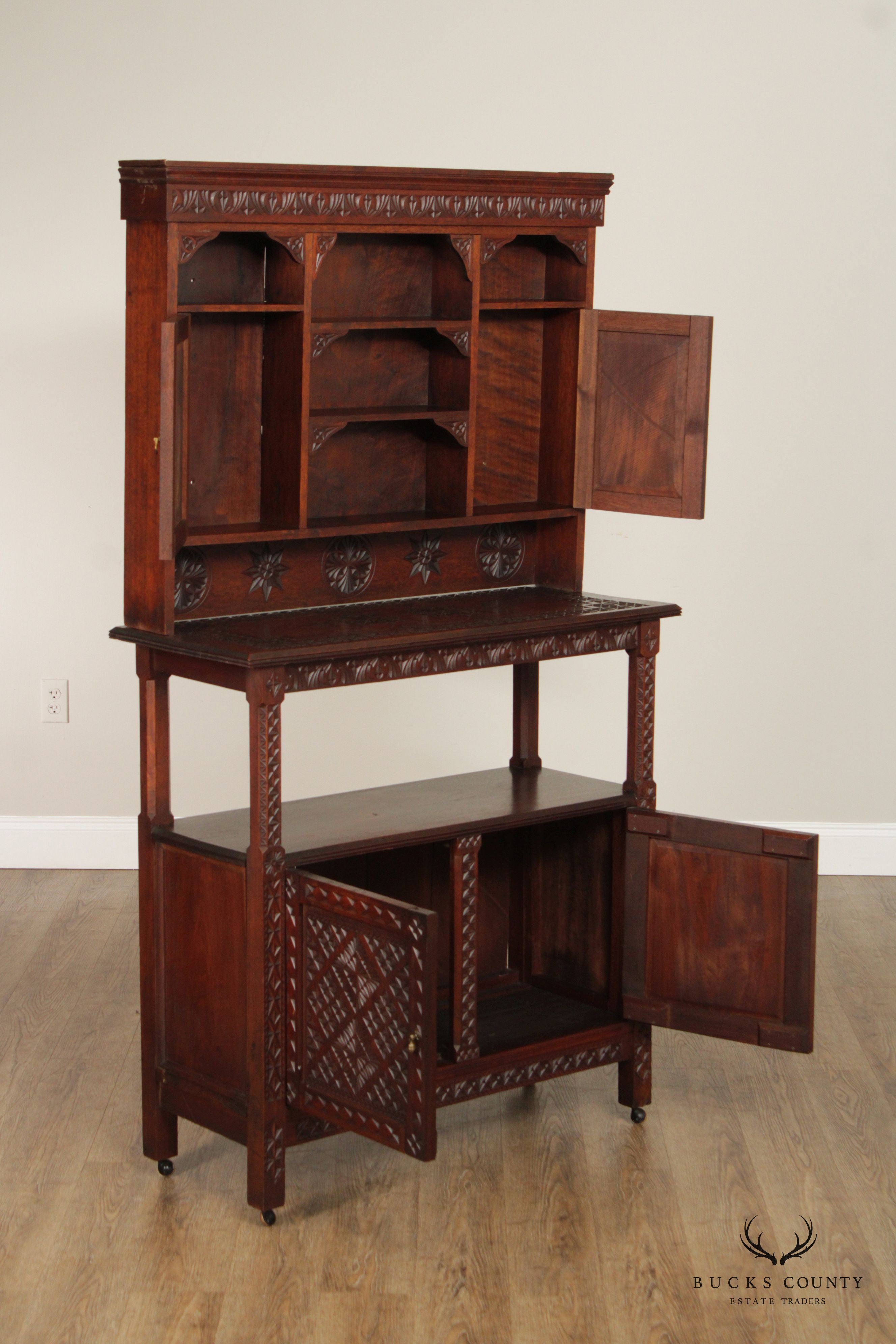 Vintage Moroccan Carved Hard Wood Two-Piece Server Cabinet