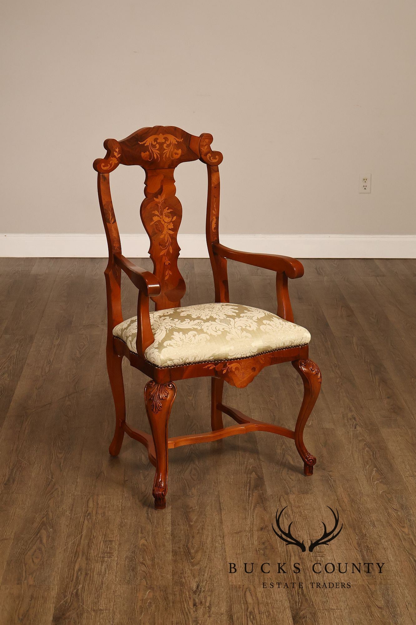 Italian Baroque Style Set of Eight Inlaid Olive Wood Dining Chairs
