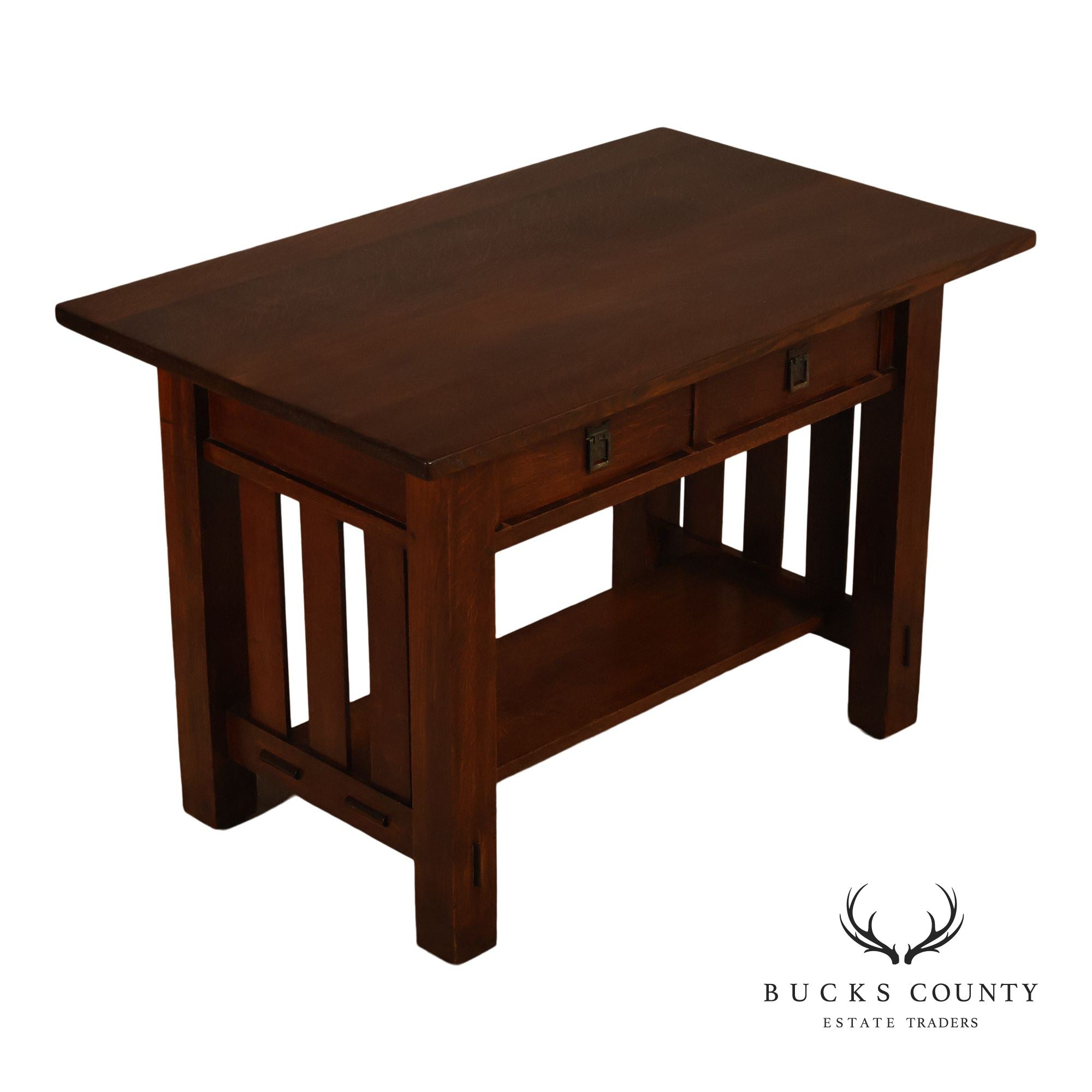 Antique Mission Oak Library Table Writing Desk With Drawers And Lower Shelf