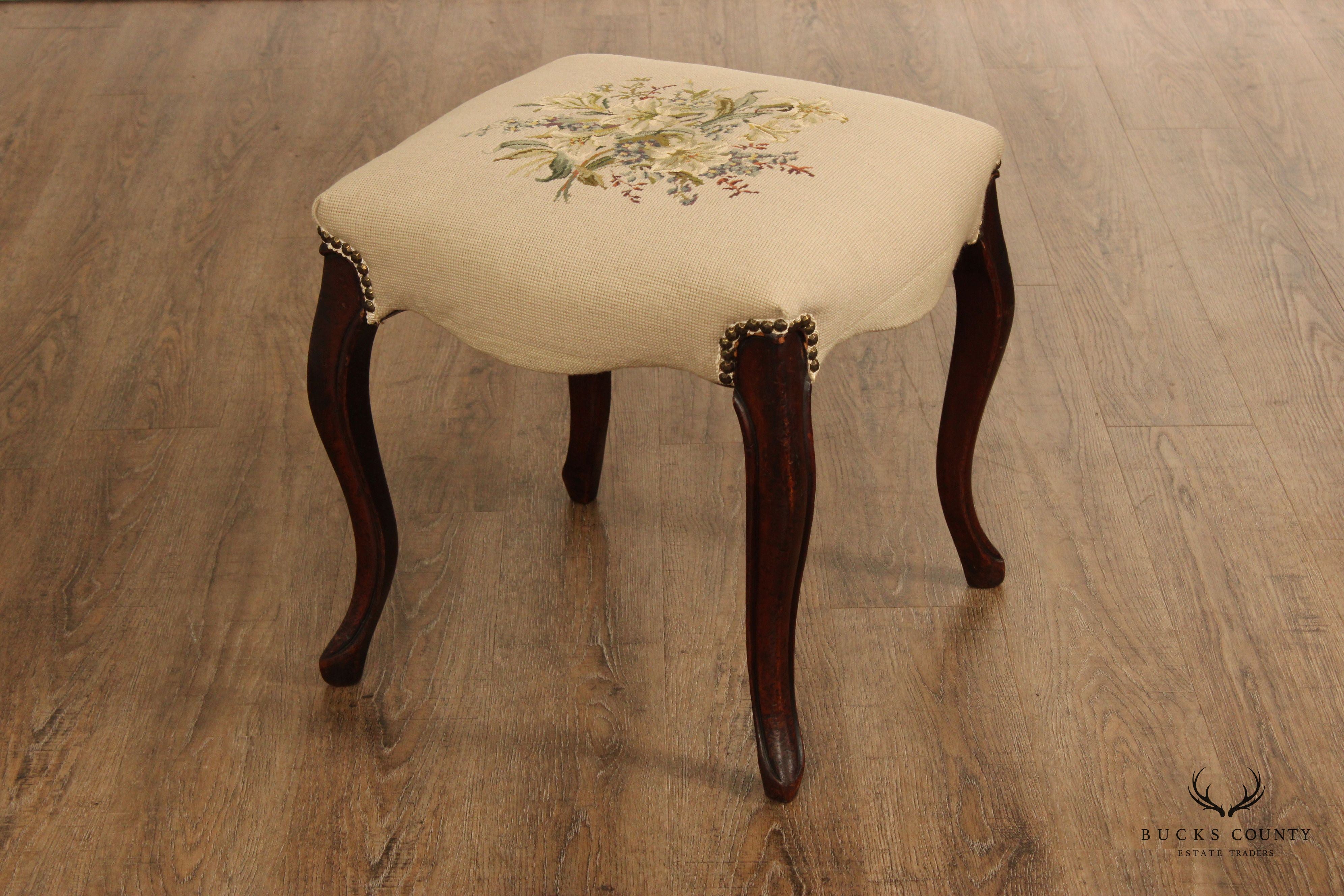 French Louis XV Style Needlepoint Foot Stool Ottoman