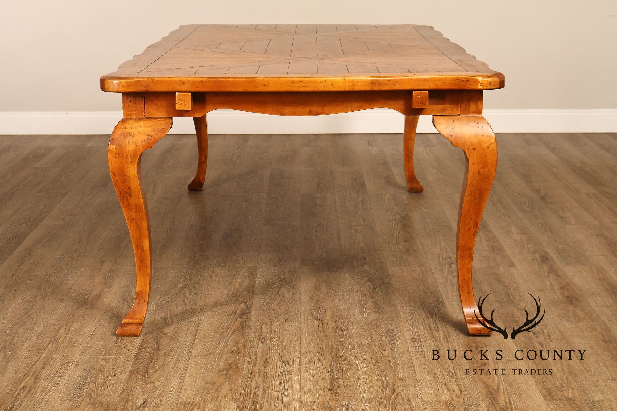 French Provincial Style Parquetry Top Dining Table with Scalloped Apron and Cabriole Legs
