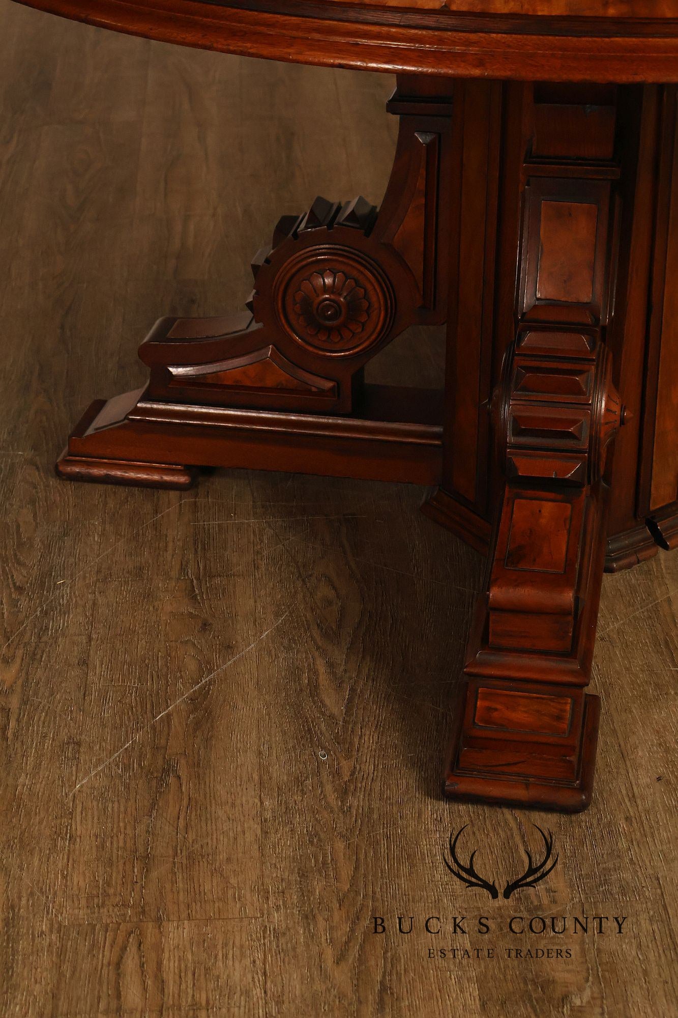 Antique Victorian Renaissance Revival Round Walnut Split Pedestal Extension Dining Table