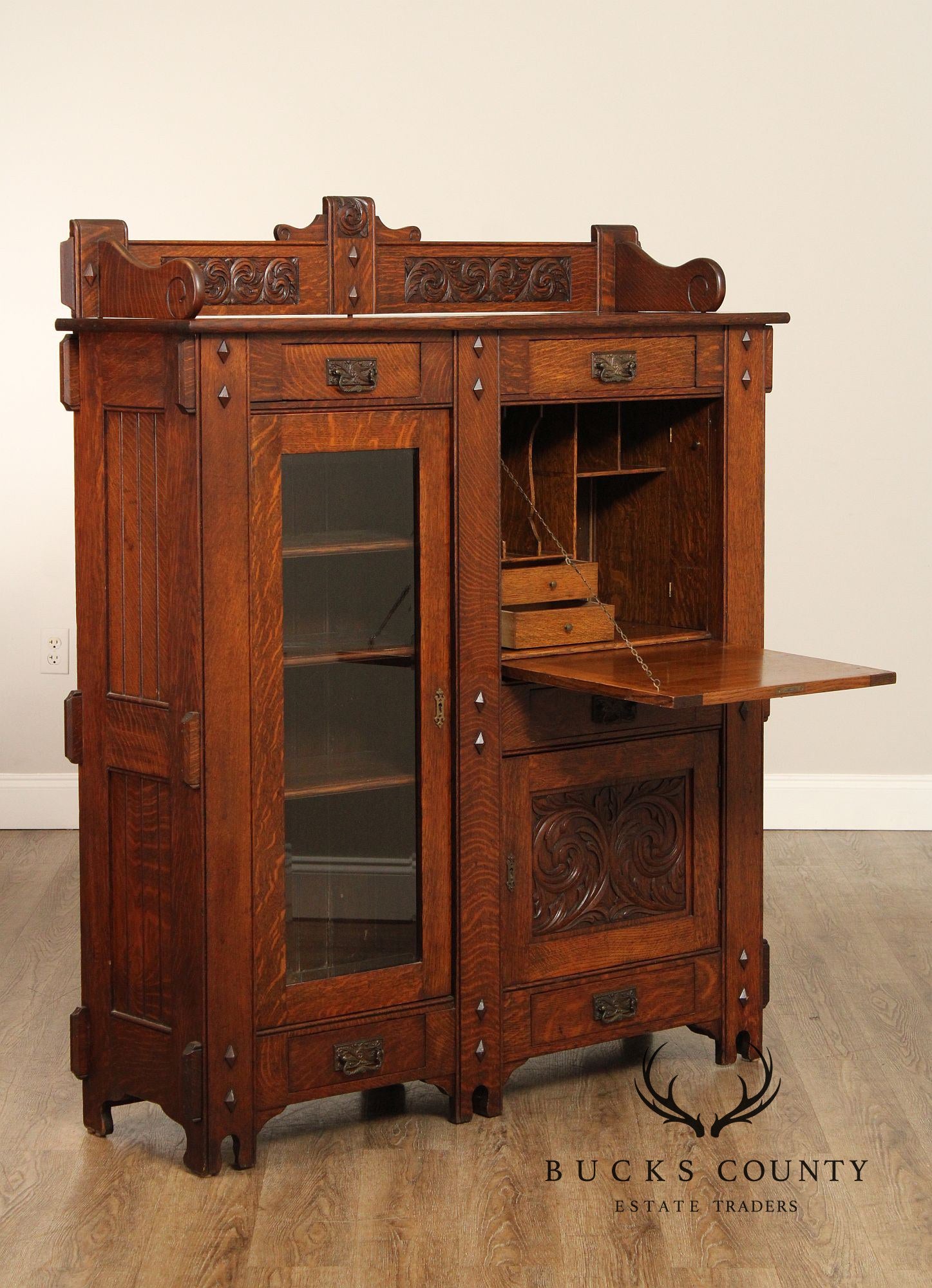 Antique Arts And Crafts Period Carved Oak Secretary Desk Bookcase