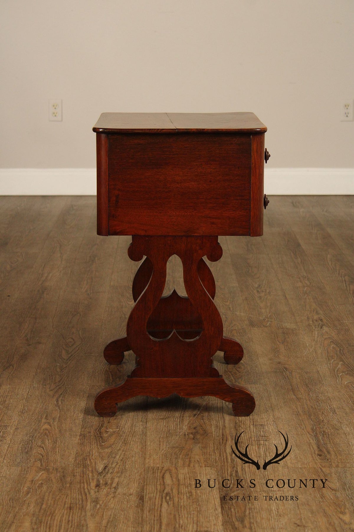Antique American Empire Mahogany Lyre Form Two-Drawer Work Table