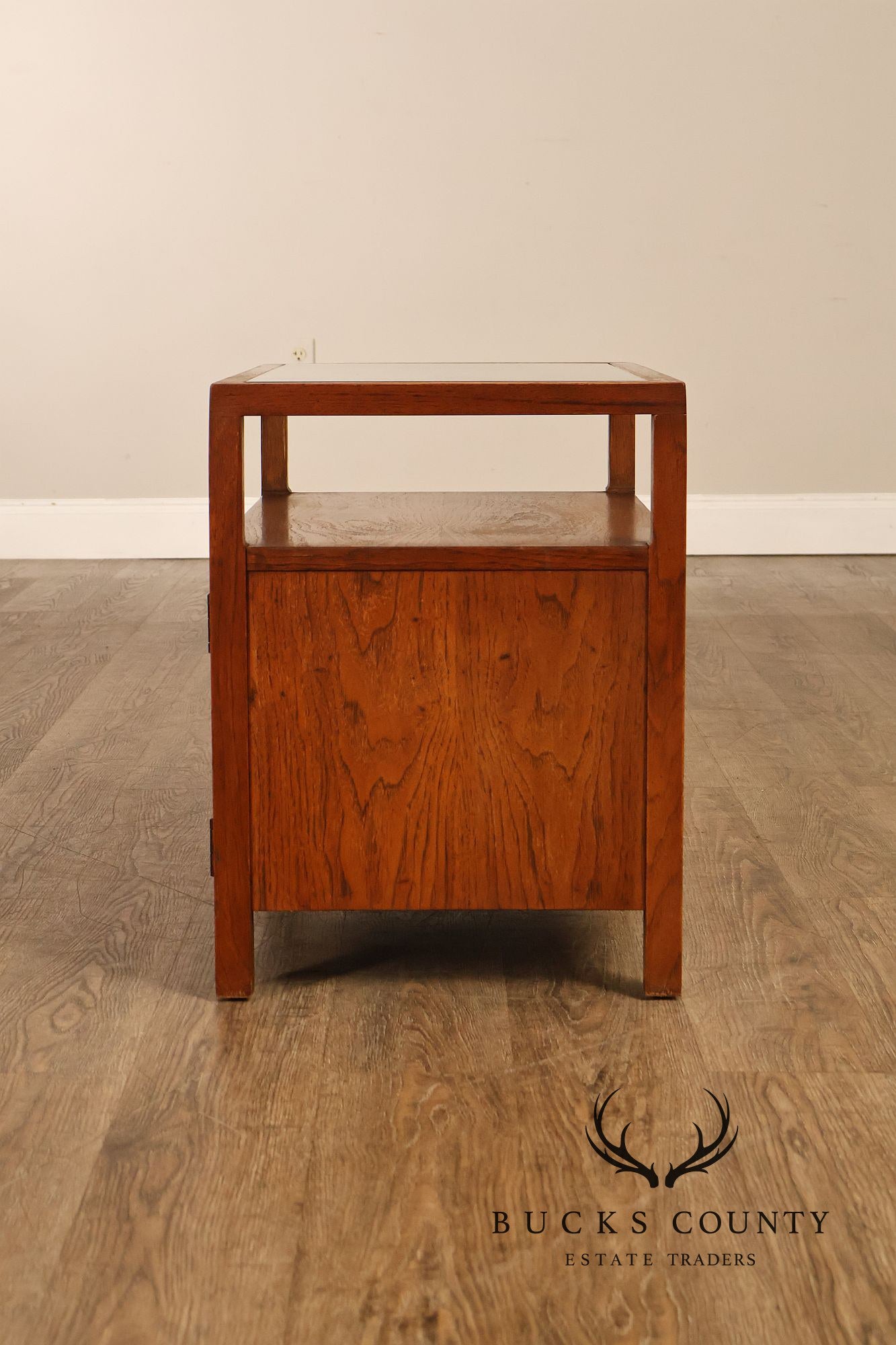 Mid-Century Modern Glass Top Walnut and Cane Side Cabinet
