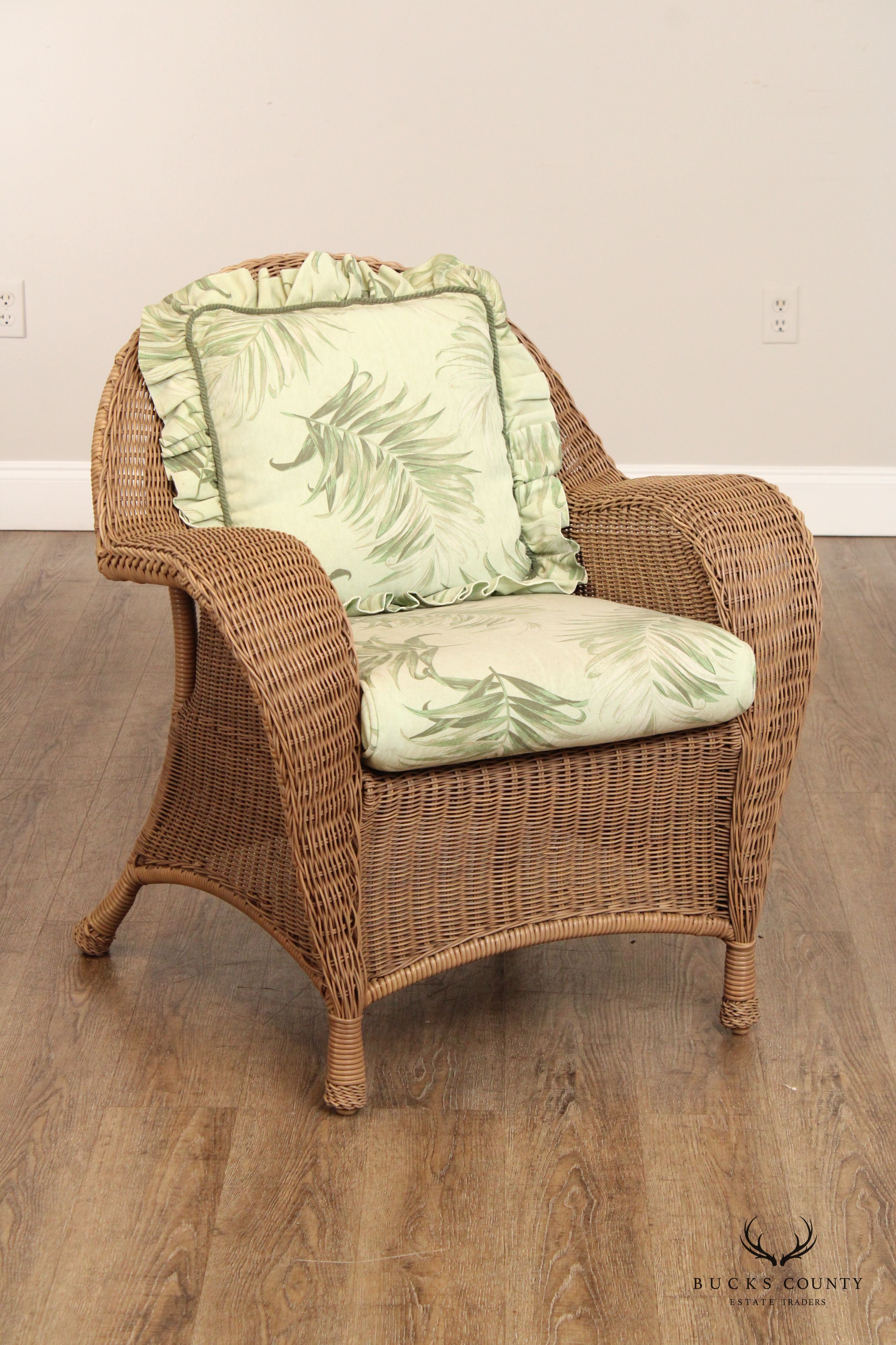 WOVEN WICKER PAIR OF OUTDOOR PATIO LOUNGE CHAIRS