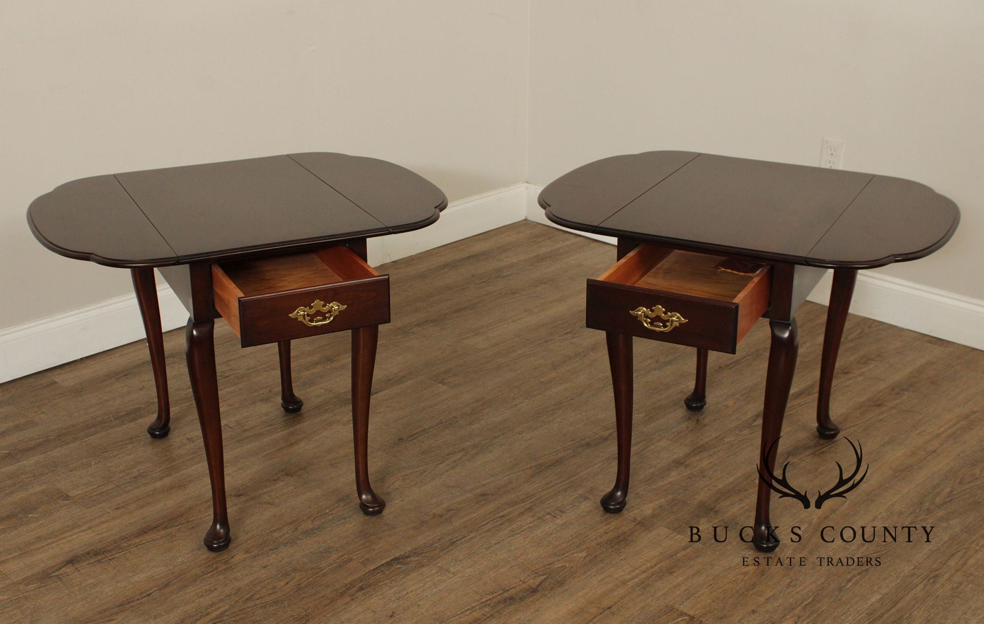 Statton Queen Anne Style Pair of Cherry Dropleaf Pembroke End Tables