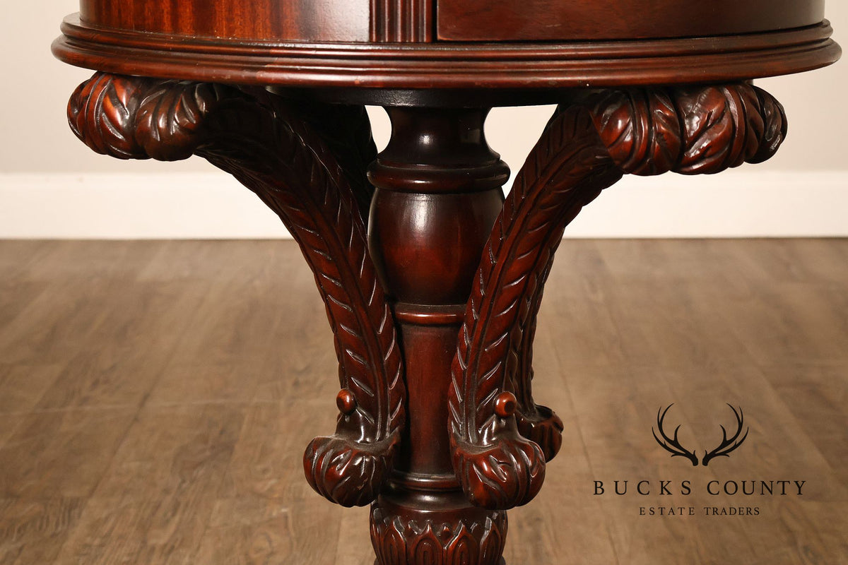 Carved Mahogany Pair Of Round Pedestal End Tables With A Drawer