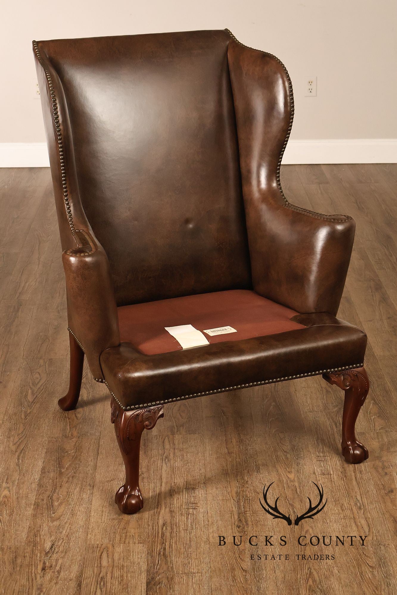 Kittinger Colonial Williamsburg Chippendale Style Pair Leather Wing Chairs