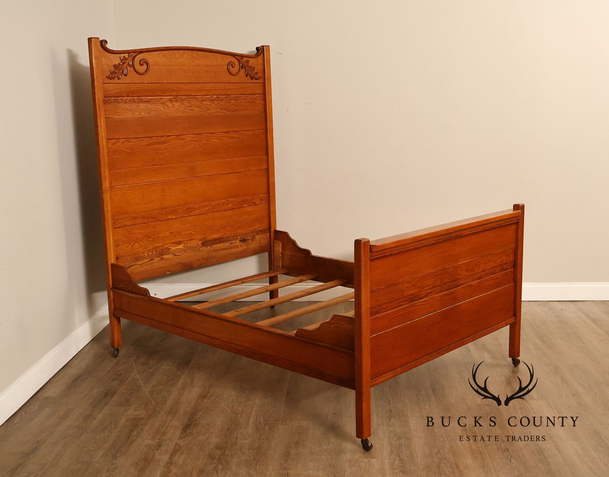 Antique American Victorian Oak Full Size  High Back Bed