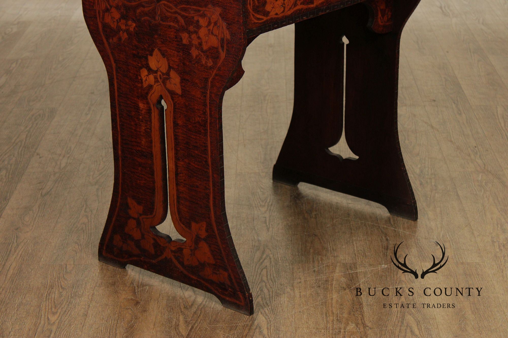 Antique Art Nouveau Style Carved And Pyrography Writing Desk And Chair Set