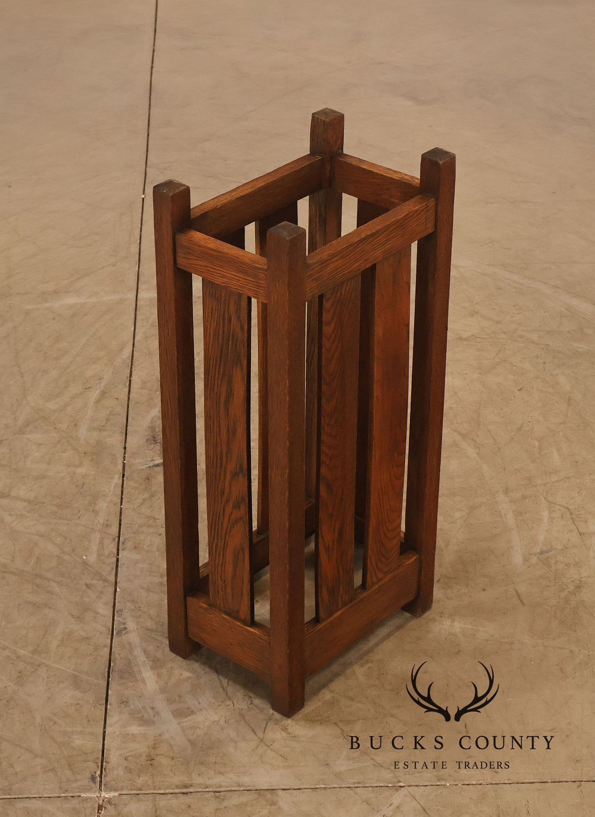 Antique Arts And Crafts Mission Oak Umbrella Stand With Drip Pan