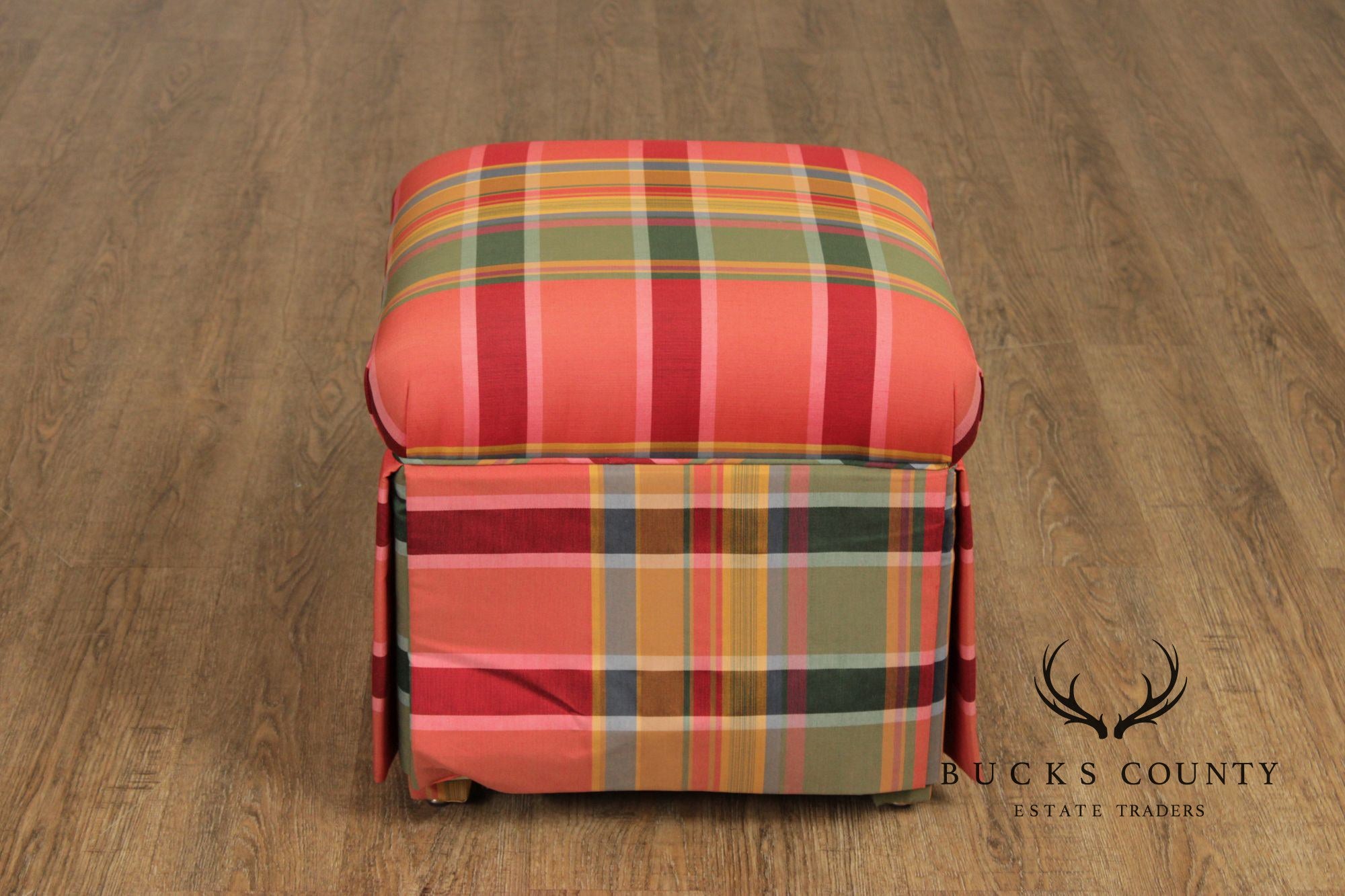 'A Colony Original'  Pair Of Upholstered Plaid Skirted Ottomans