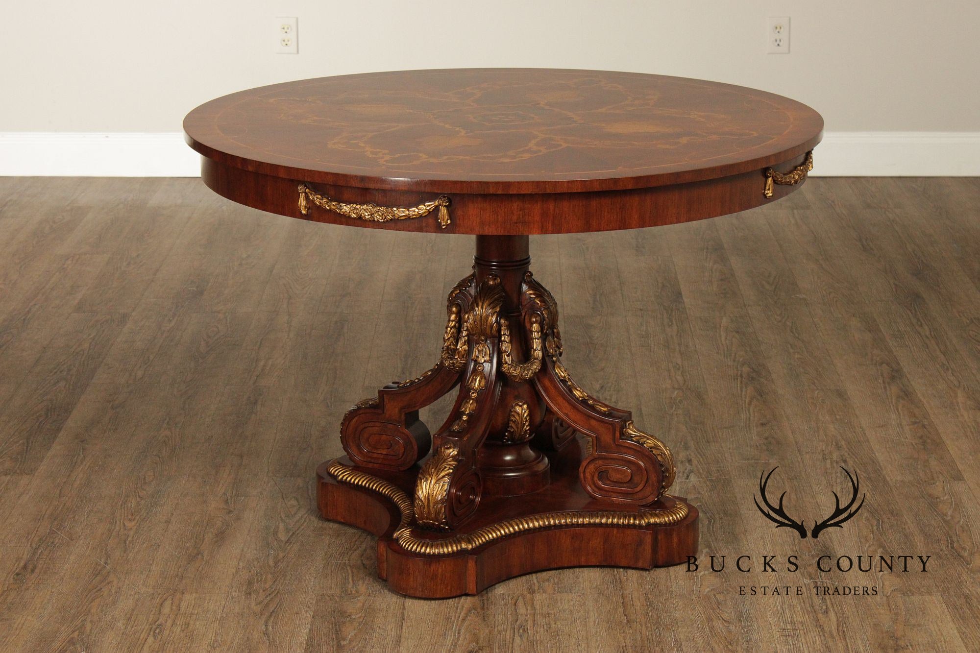 Maitland-Smith Round Inlaid Mahogany Round Center Table With Gilt Accents