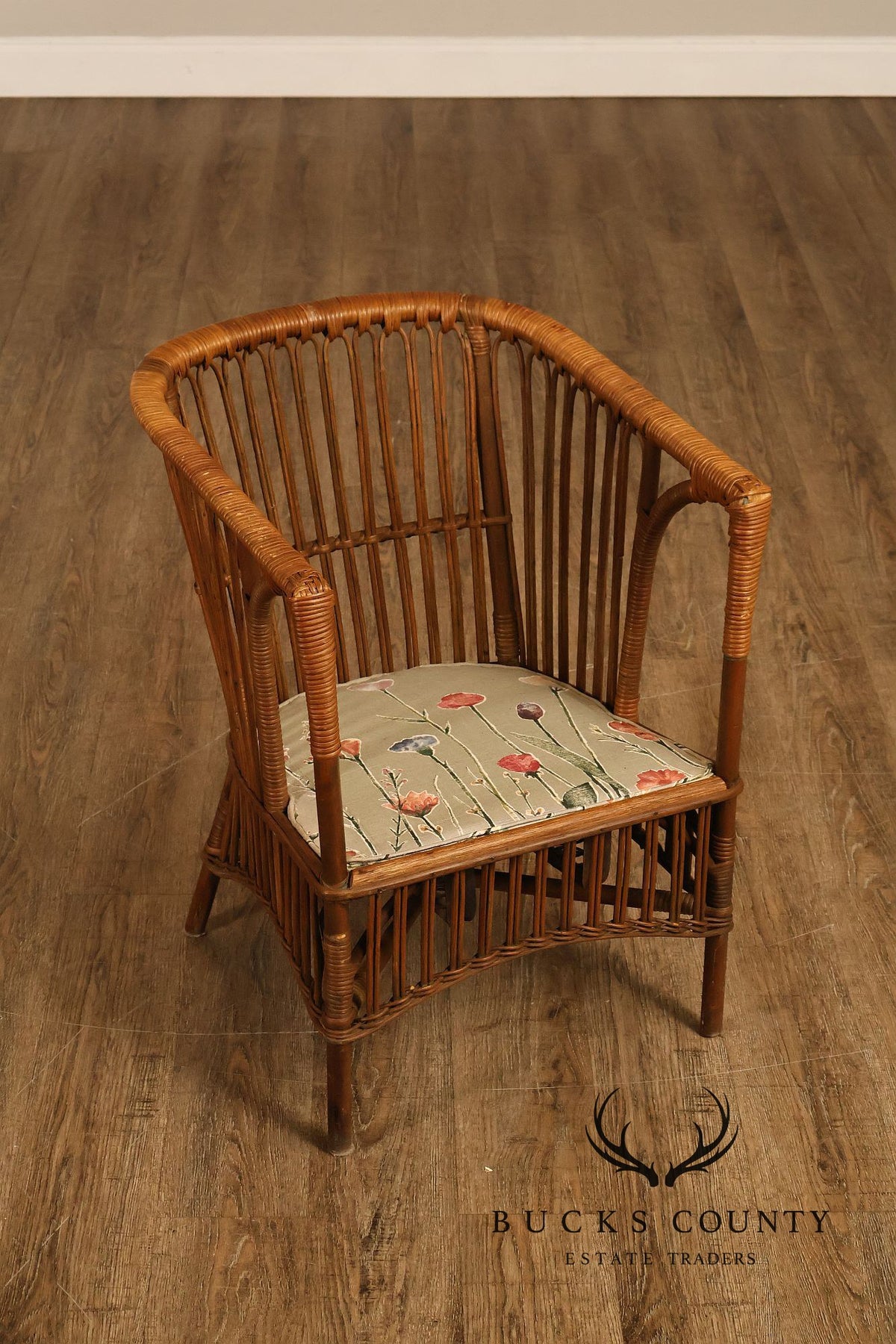 Antique Set Of Four Split Reed Rattan Armchairs With Floral Cushions