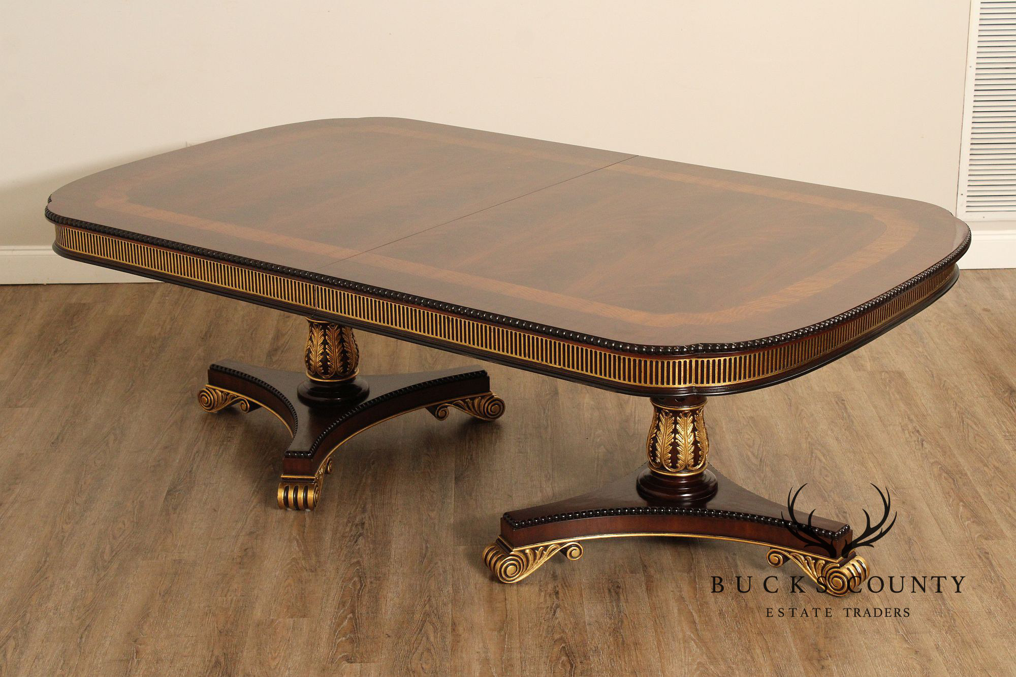 EJ Victor Partial Gilt Mahogany Double Pedestal Dining Table