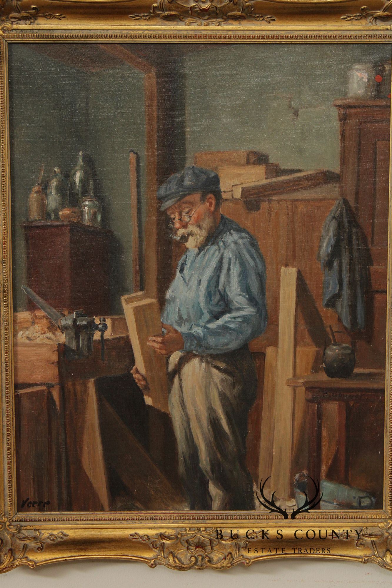 Genre Style Signed Oil Painting, The Carpenter