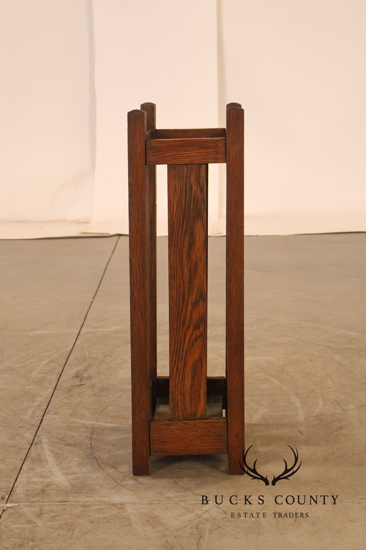 Antique Arts And Crafts Mission Oak Umbrella Stand With Drip Pan