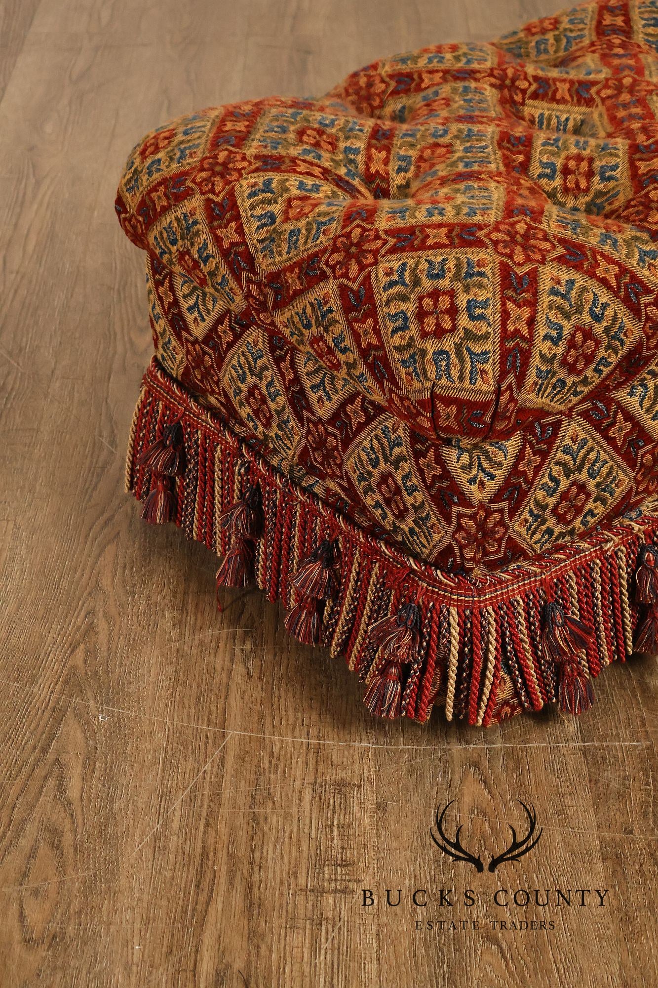 Pair of Tufted Upholstered Tassel Fringe Footstools Ottomans