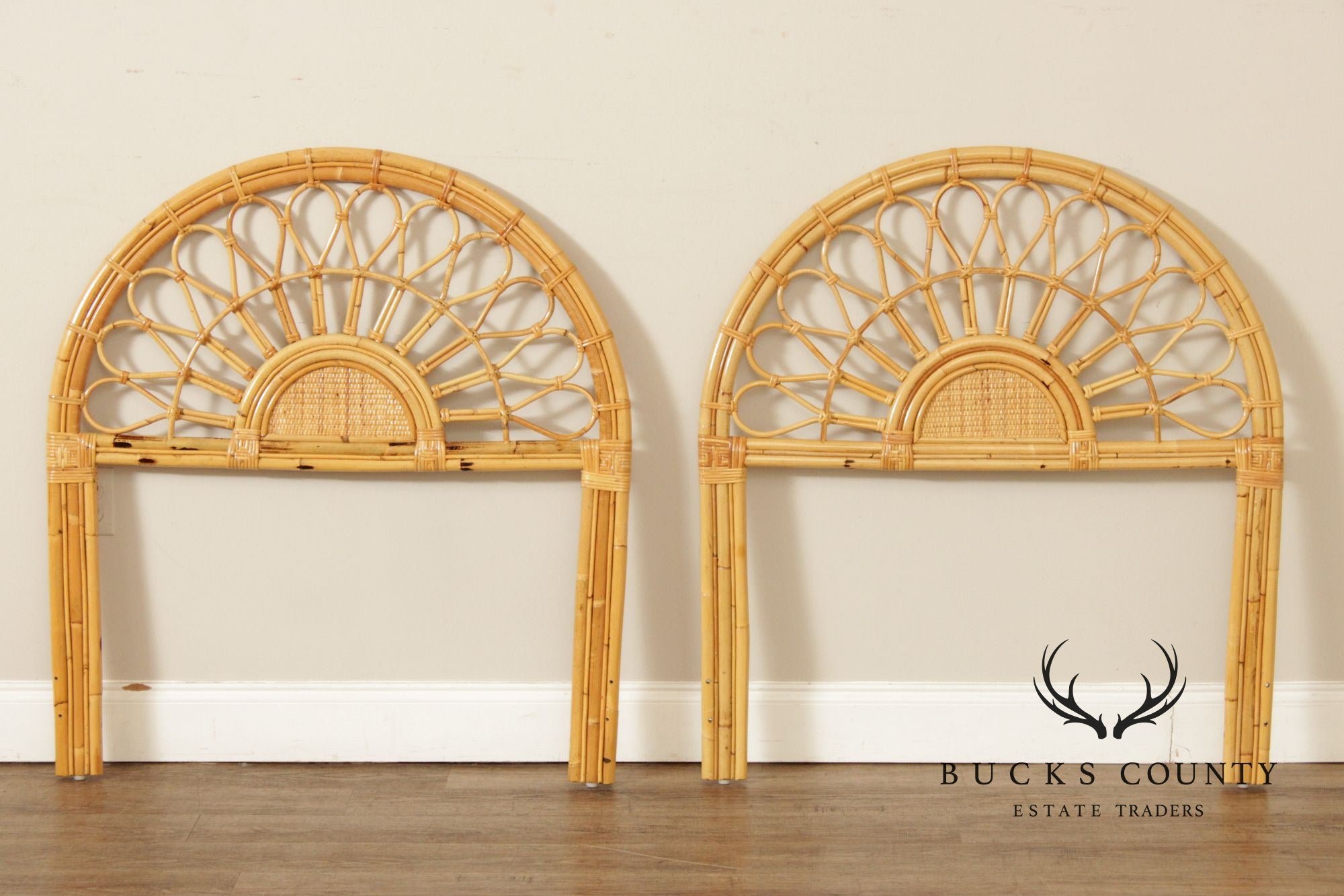 Boho Coastal Style Vintage Pair of Bamboo and Rattan Twin Headboards