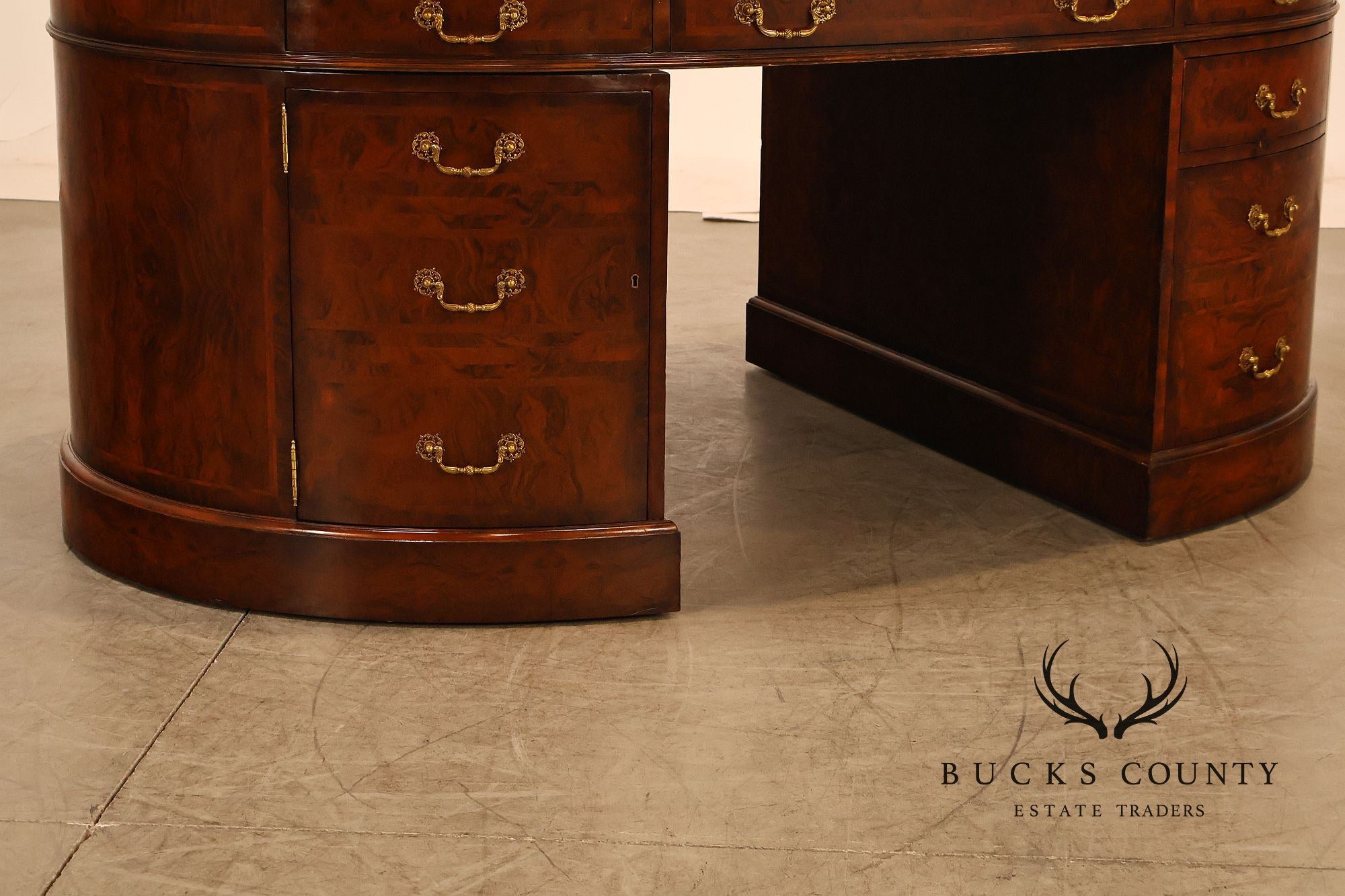 Maitland-Smith Oval Burl Wood Leather Top Partner Desk with Brass Hardware