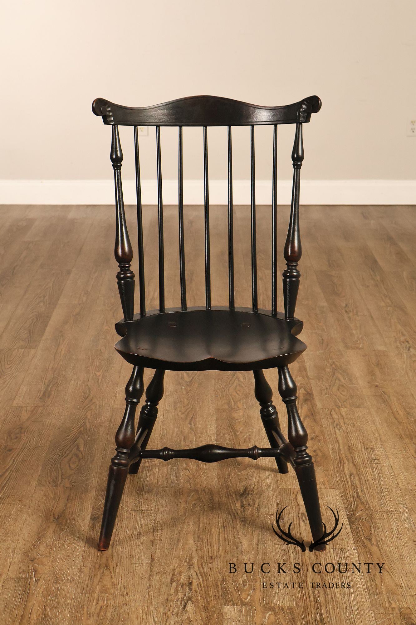 Custom Set Of Four Black Over Red Painted Fan Back Windsor Dining Chairs