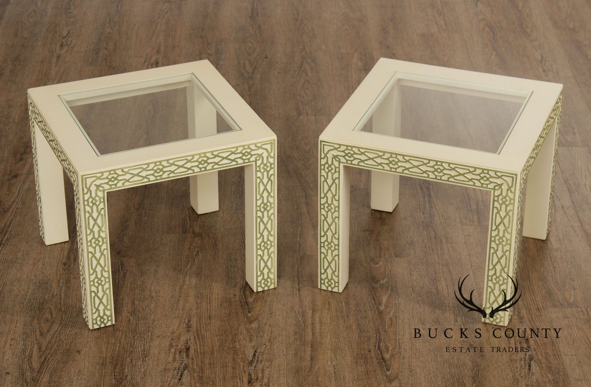 Hollywood Regency Pair Of Lacquered Greek Key Glass Top End Tables