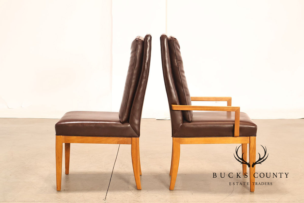 Mid Century Modern Set of Eight Walnut and Leather Dining Chairs