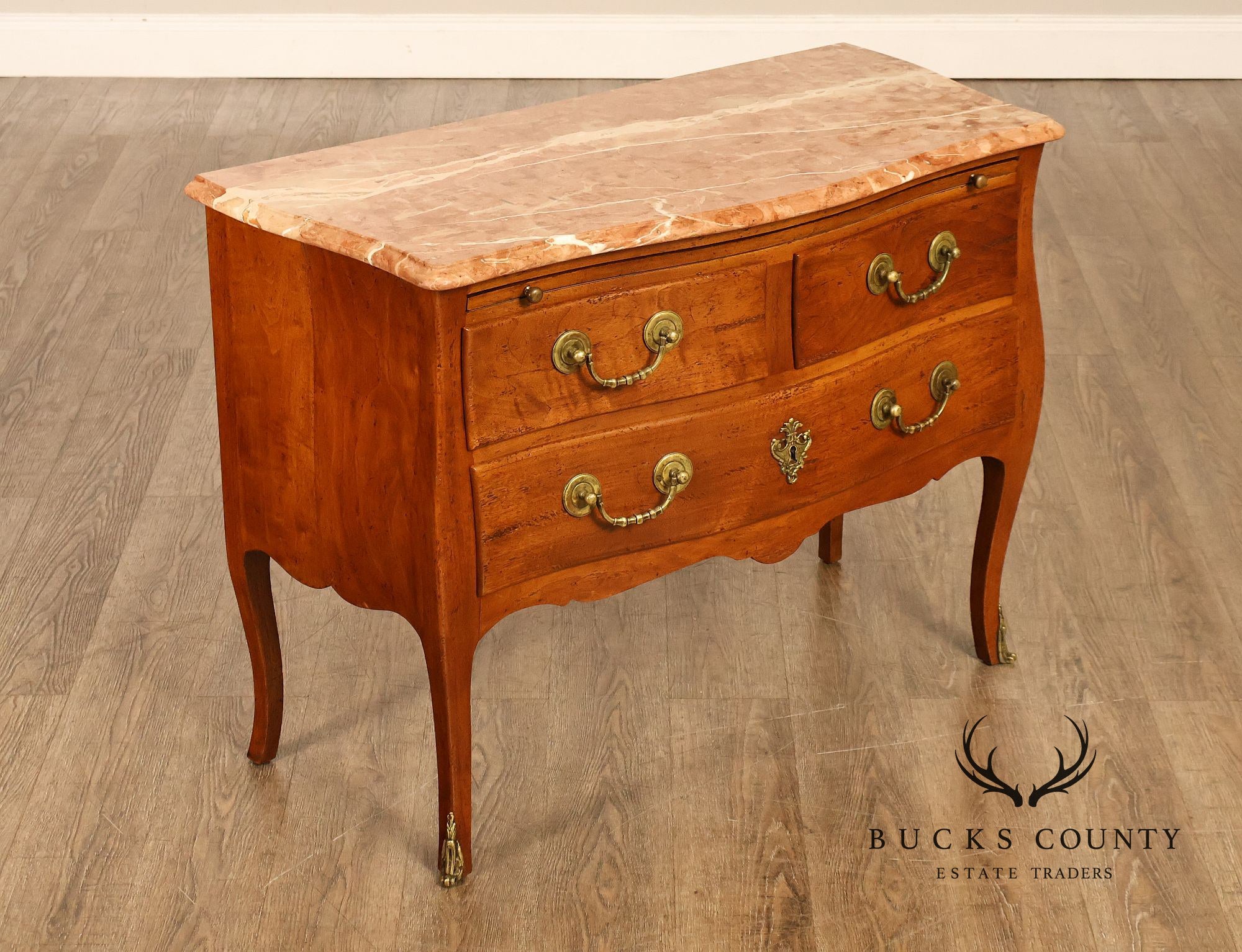 Don Ruseau French Louis XV Style Walnut Marble Top Commode