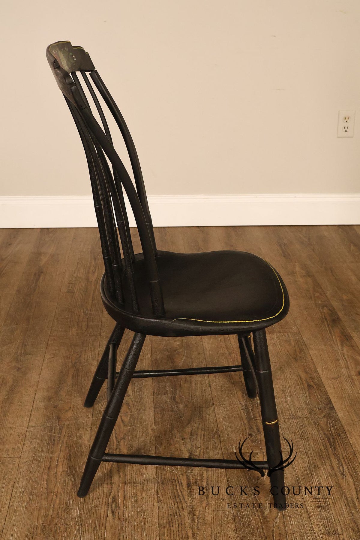 Vintage Stenciled Black Windsor Style Set Of Eight Dining Chairs