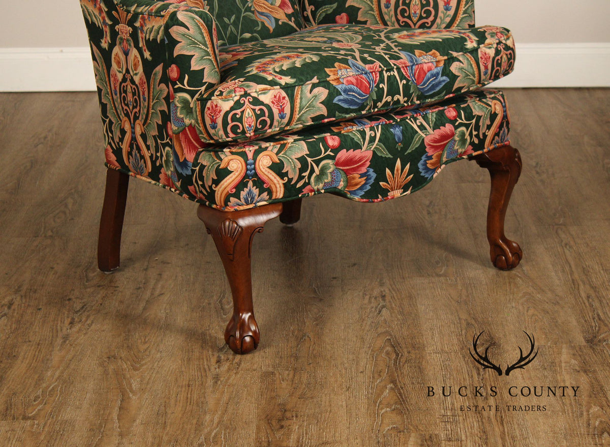 Ethan Allen Floral Upholstered Chippendale Style Wingback Chair