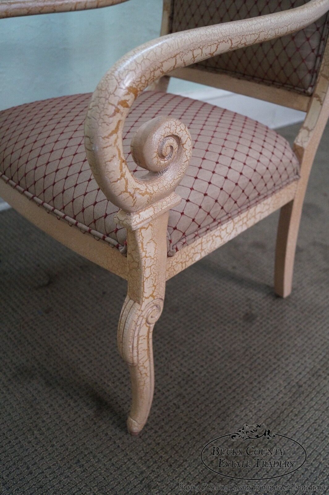 Quality Pair of Crackle Painted Finish Regency Style Arm Chairs