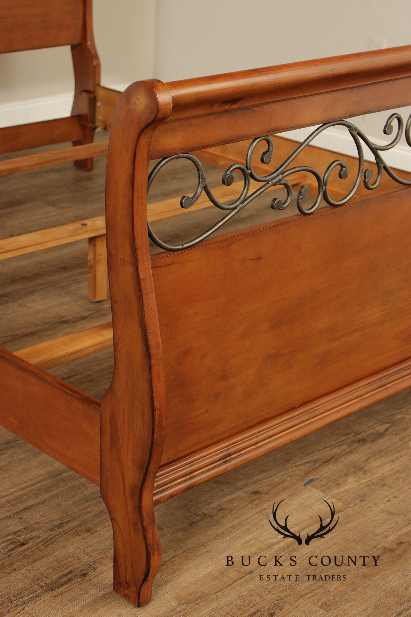 Queen Size Sleigh Bed With Iron Scroll Detail