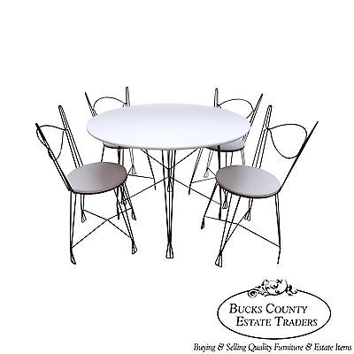 Modernist Wrought Iron Hairpin Arbuck Style 5 piece dining set, table & chairs