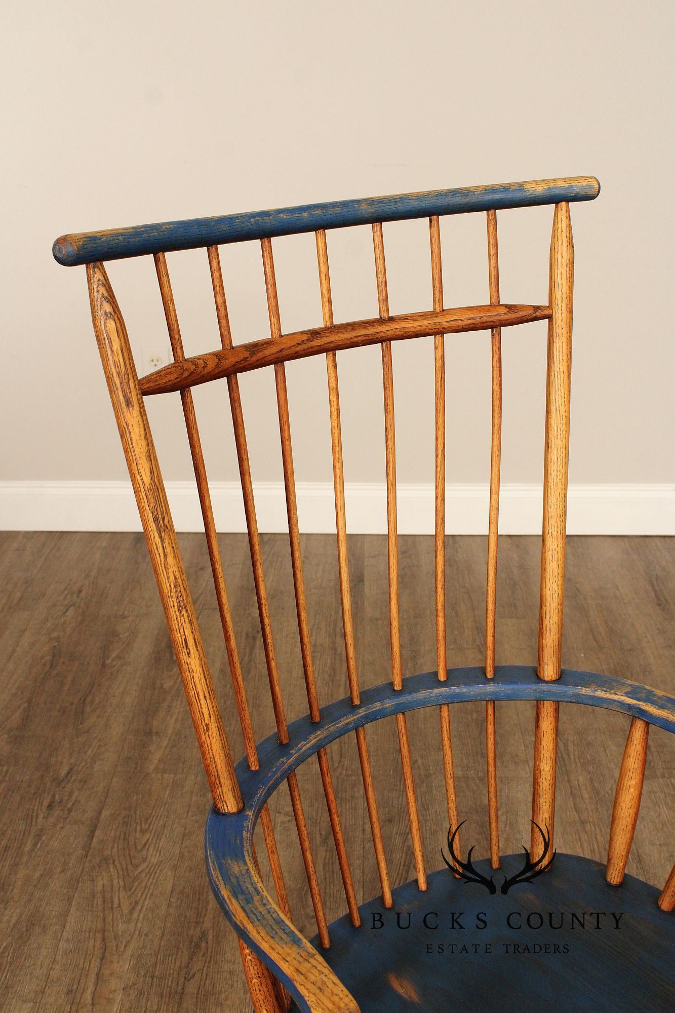 Early American Style Set of Four Oak Painted Windsor Armchairs