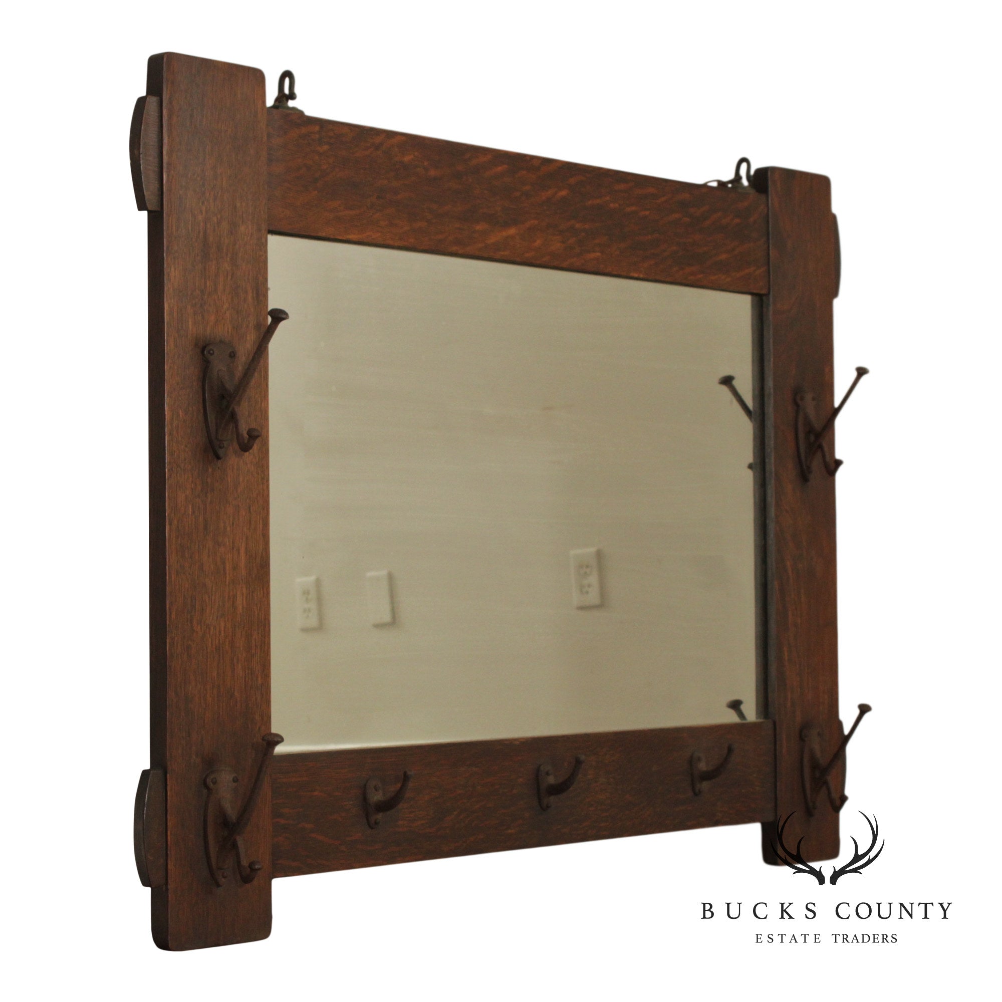 Stickley Brothers Antique Mission Oak Wall Mirror With Hooks No. 7577