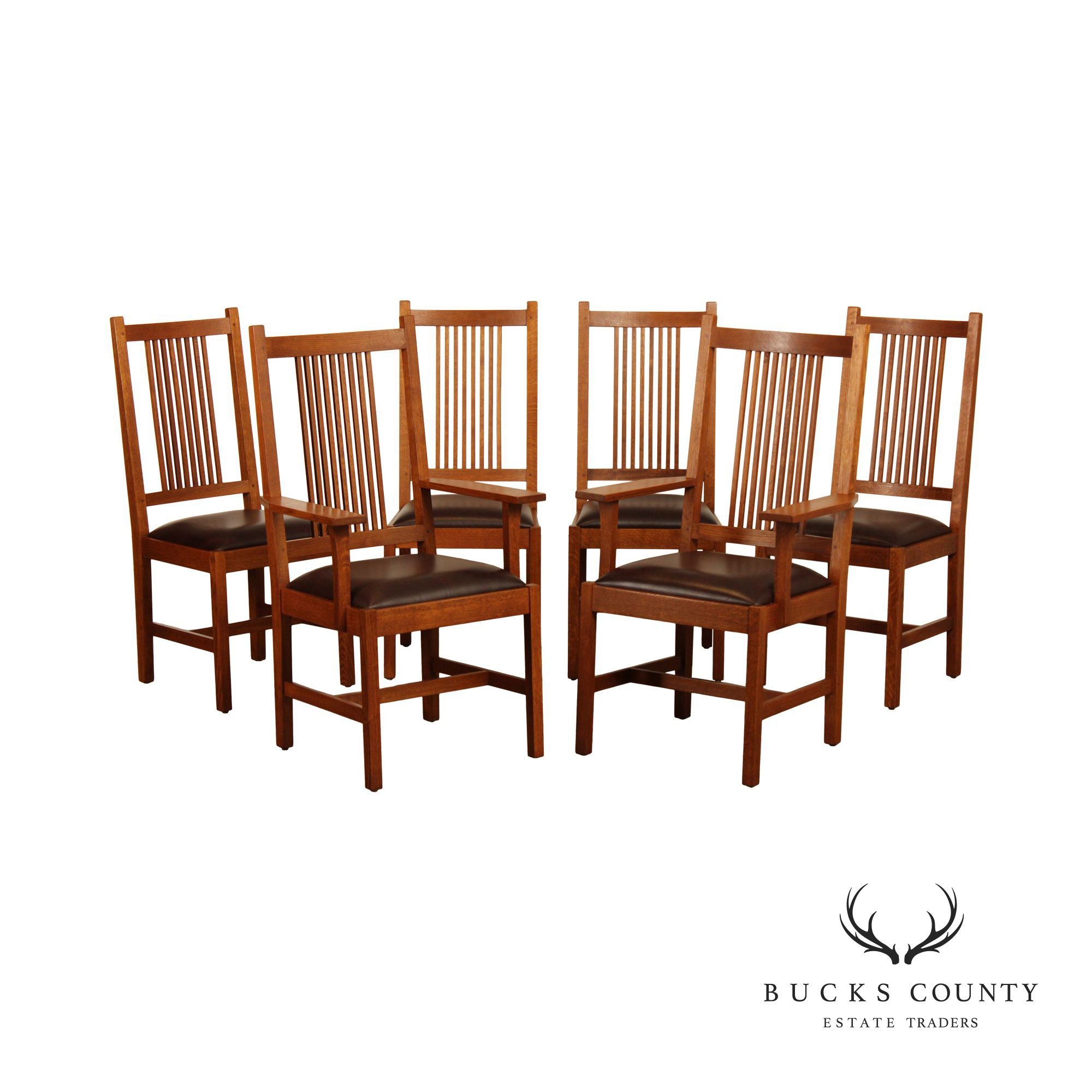 Stickley Mission Collection Set Of Six Oak Spindle Back Dining Chairs