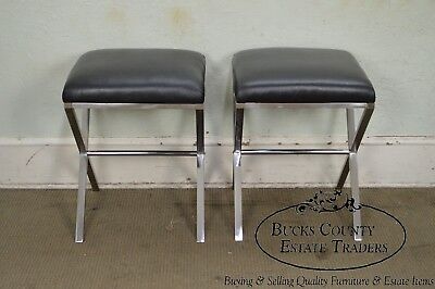 X Base Pair of Chrome & Leather Stools