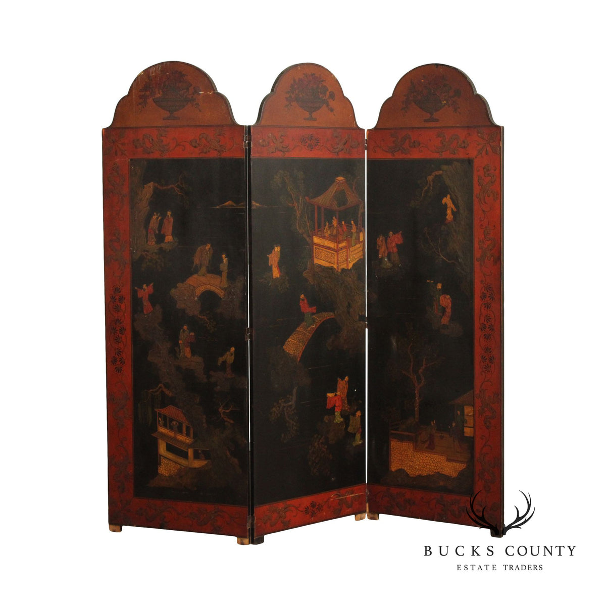 Japanese Vintage Hand Painted Folding Three-Panel Screen