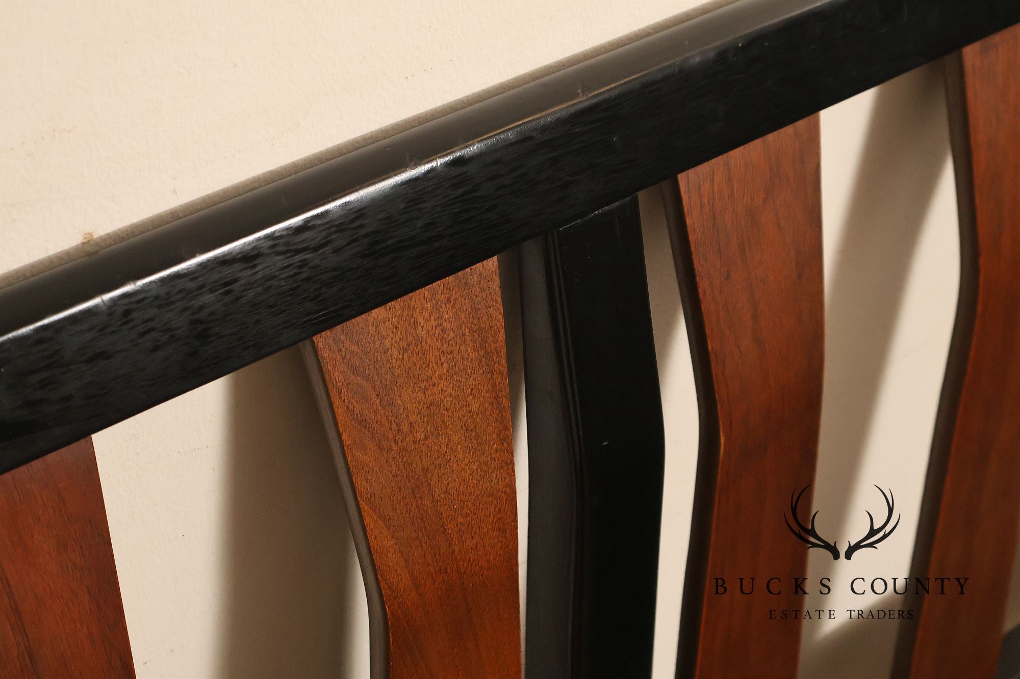 Mid Century Modern King Size Headboard with Ebony Frame and Walnut Bentwood Slats