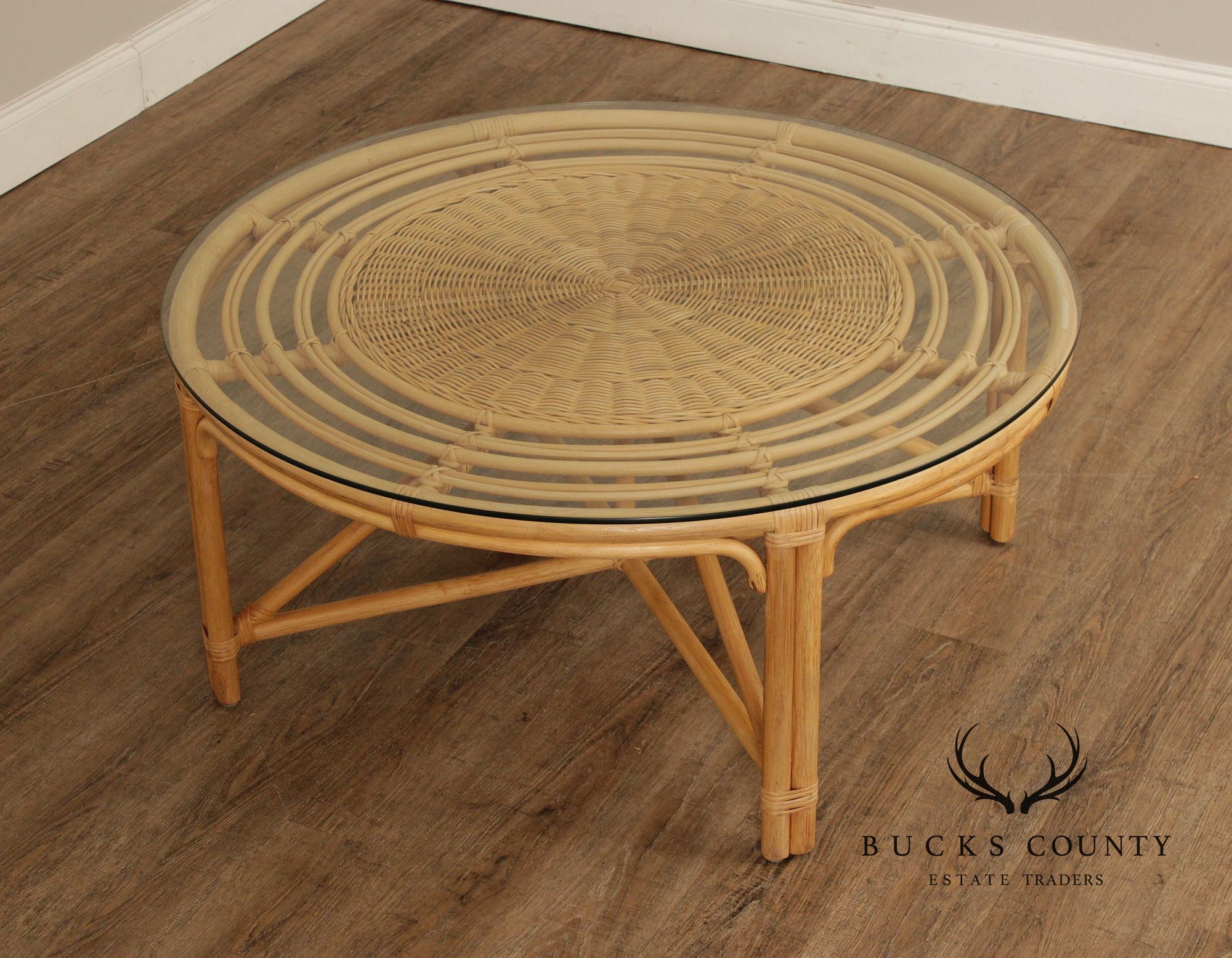 Braxton Culler Raffles Collection Round Rattan Coffee Table with Stools