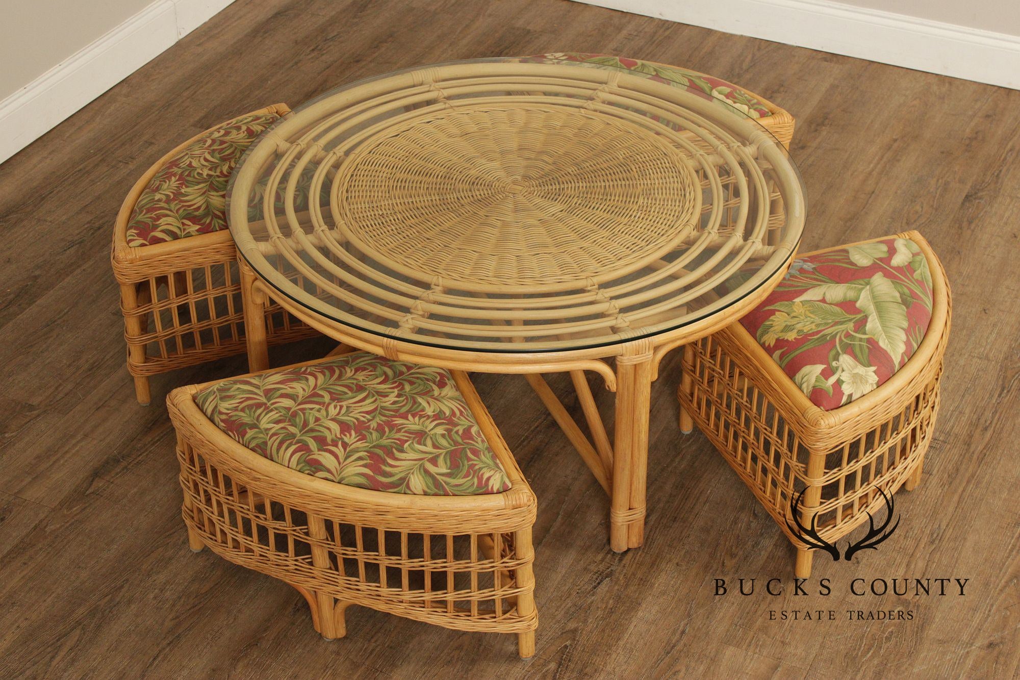 Braxton Culler Raffles Collection Round Rattan Coffee Table with Stools