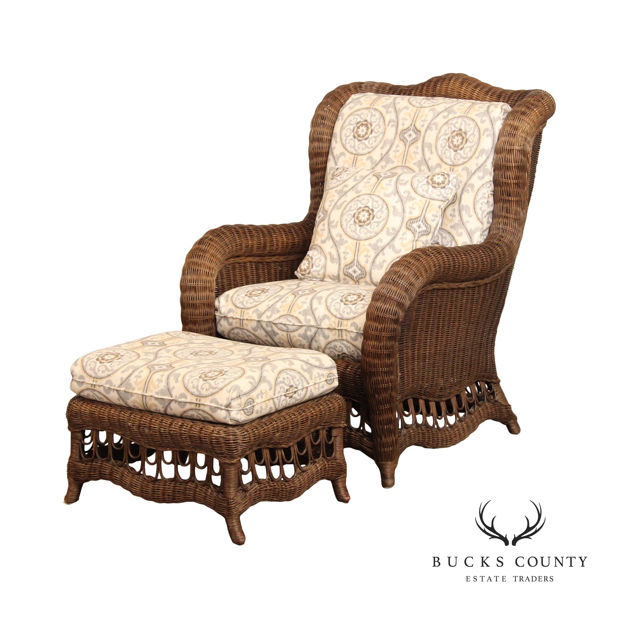 Ethan Allen Victorian Style Wicker Wing Chair and Ottoman