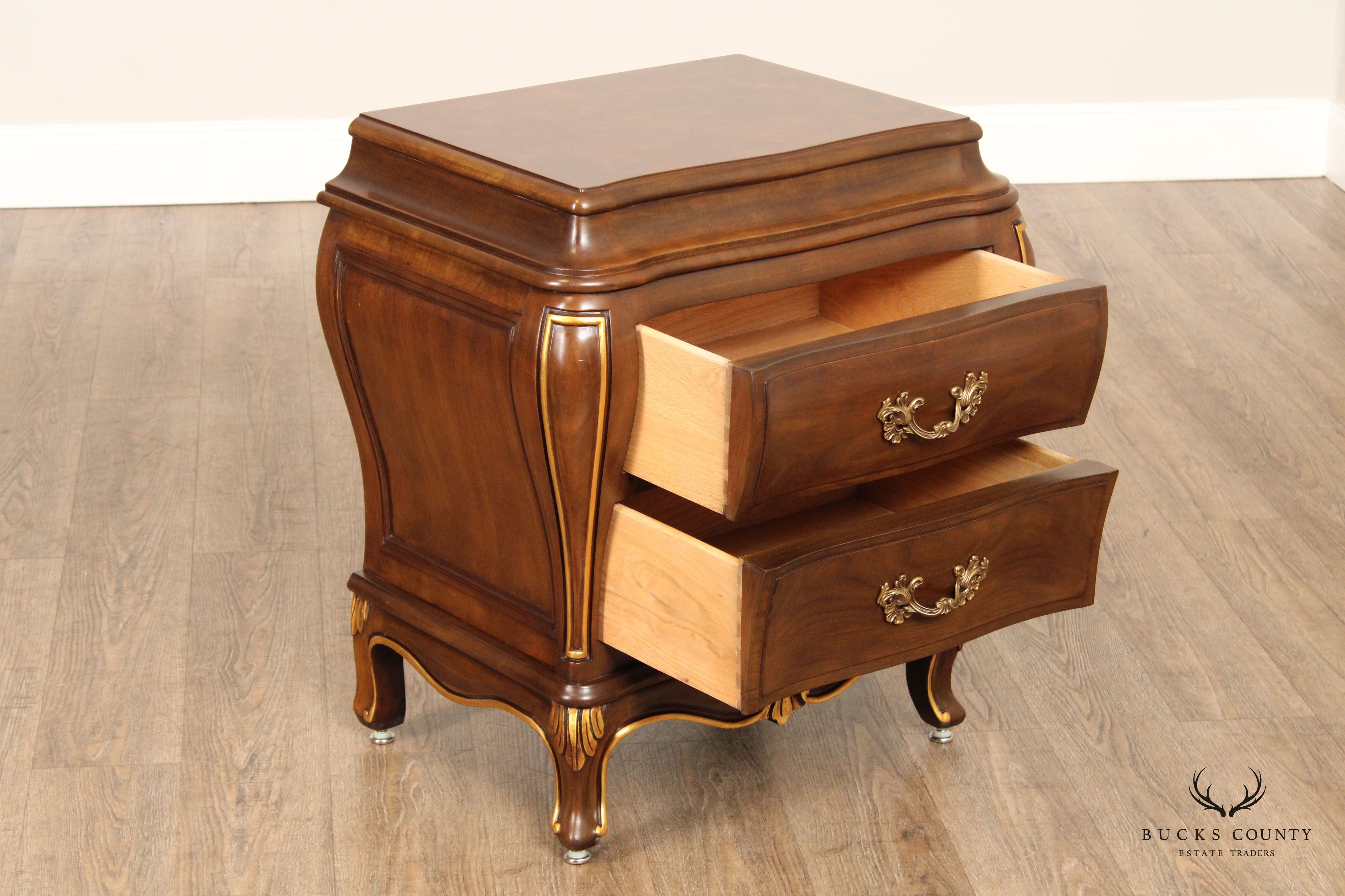 Karges French Louis XV Style Pair of Walnut Bombe Chest Nightstands